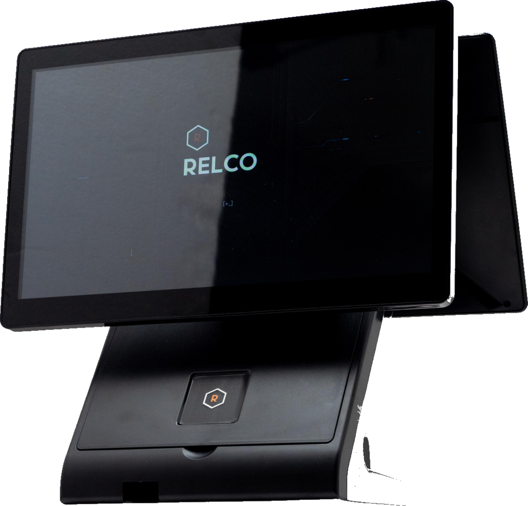 Terminal POS Los Angeles con doble pantalla y teclado, logo RELCO en pantalla
