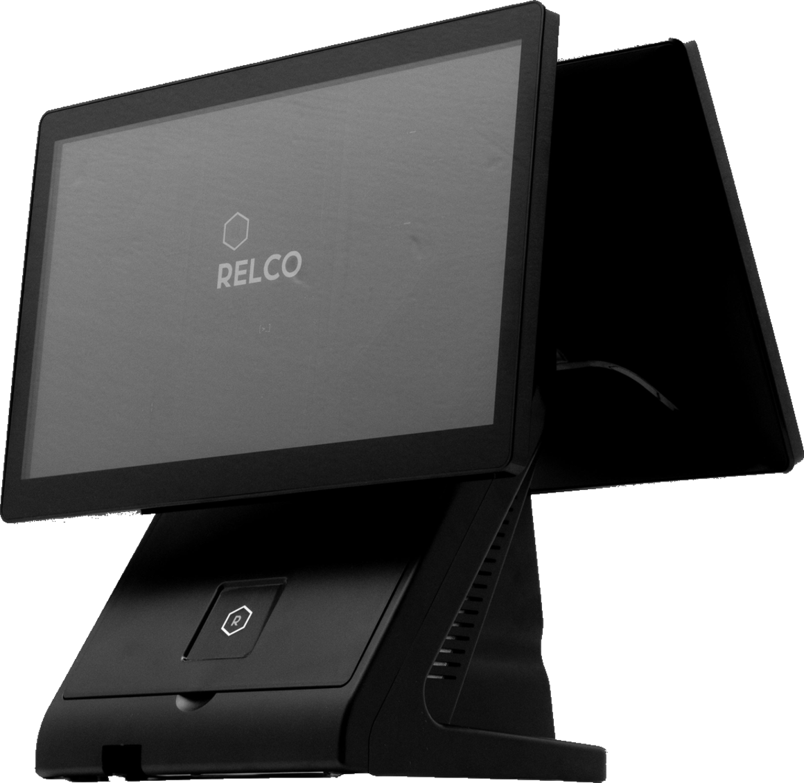 Terminal POS Los Angeles de RELCO con doble pantalla mostrando el logo de arranque